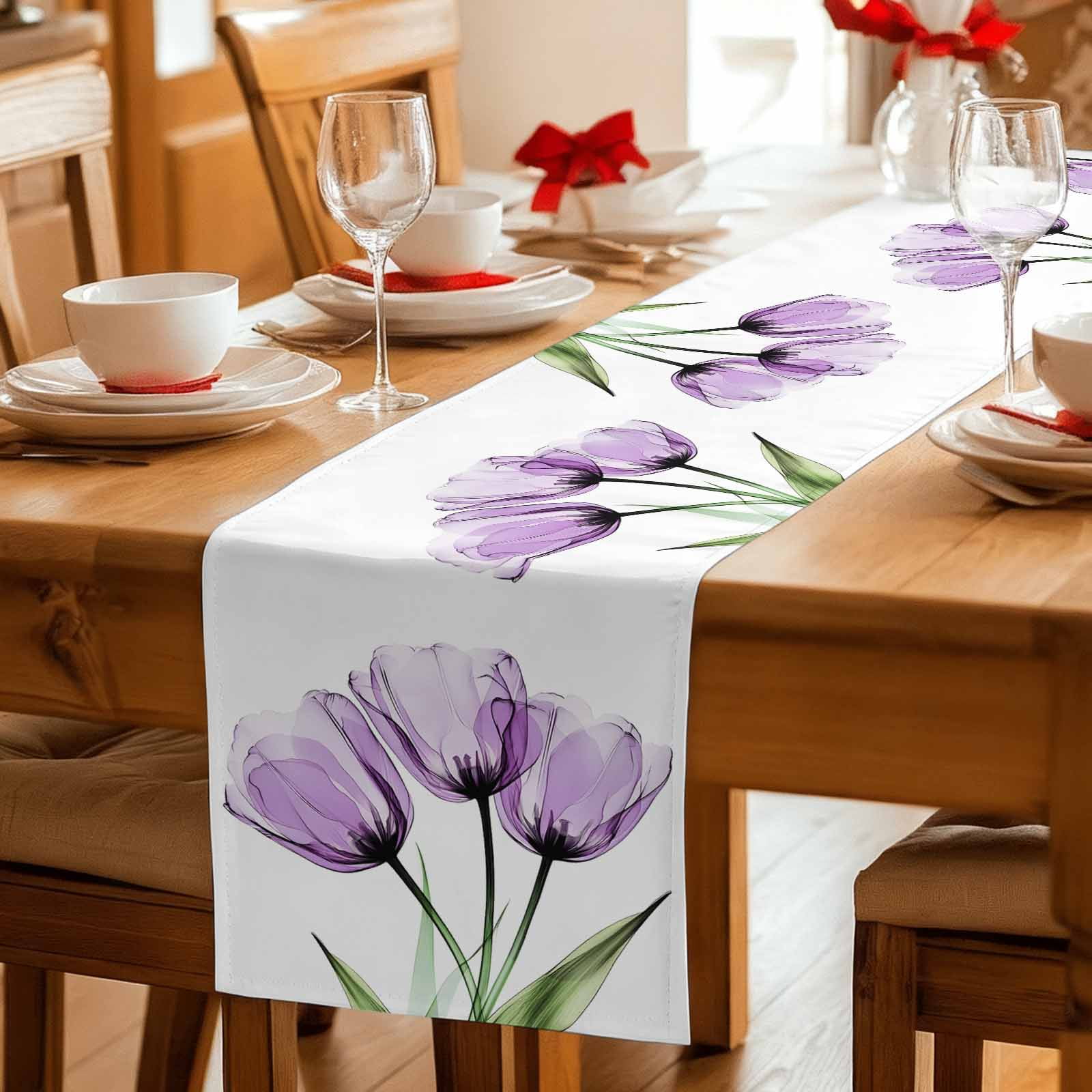 Purple Tulip Table Runner, Modern Blossom Pastel White Floral Petal Washable Cotton Linen Table Runners 108 Inches Long, Dresser Scarf Runner for Dining/Living Room/Kitchen/Square Tables 13''x108''
