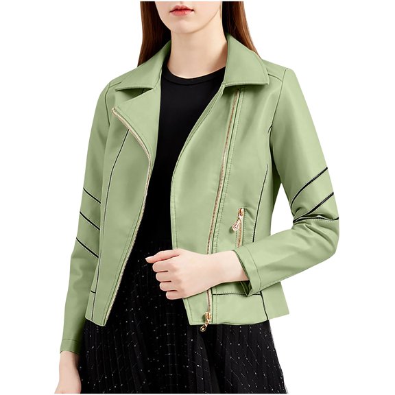Kilaqueen Leather Jacket for Women Notch Lapel Long Sleeve Zip Up Slim Fit Short Jackets with Zip Pockets Casual Trendy Leather Jacket