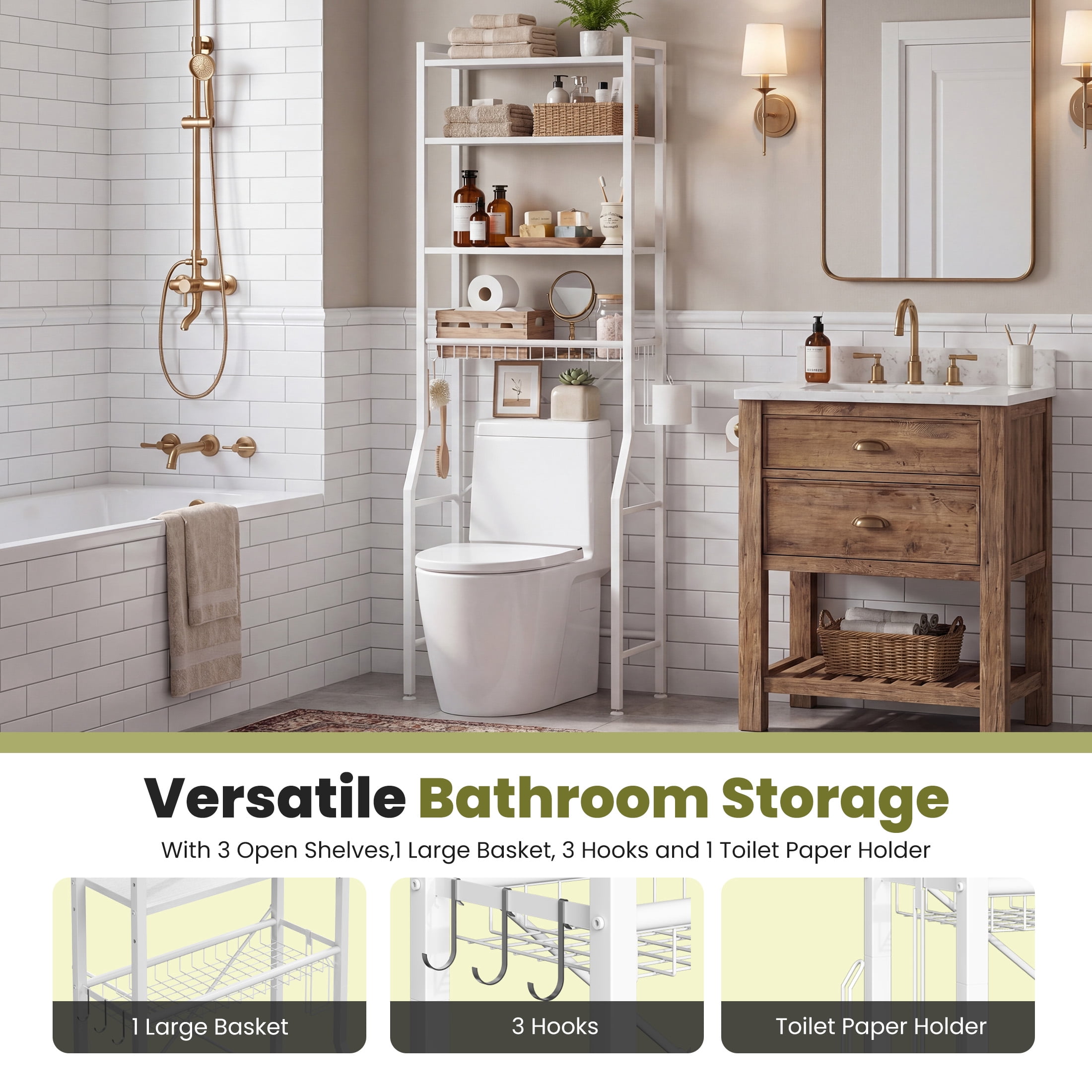 CONCETTA 4-Tier over the Toilet Bathroom Storage Rack, Adjustable Space Saver Organizer with Shelves, Basket & Hooks, White