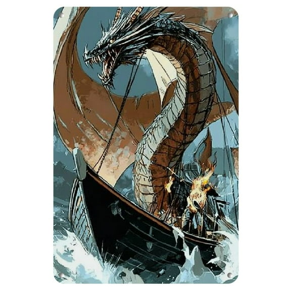 1pc of Valheim Inspired Metal Wall Art, Framed Aluminum Painting, Viking Ship And Dragon Battle, Fantasy Themed Decorative Printing, 8X12 Inches, Suitable for Homes And Offices