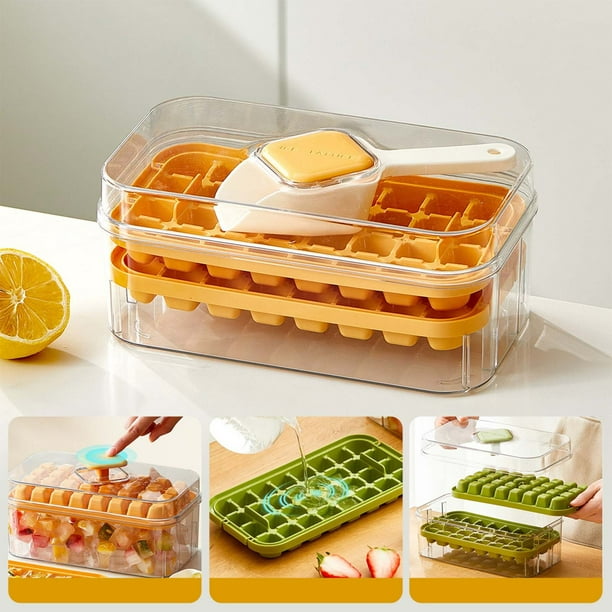 Bandeja de prensa de hielo congelada de un botón con caja de almacenamiento, fácil extracción de hielo, plástico duradero, máquina de hielo para refrigerador que ahorra espacio, herramienta de
