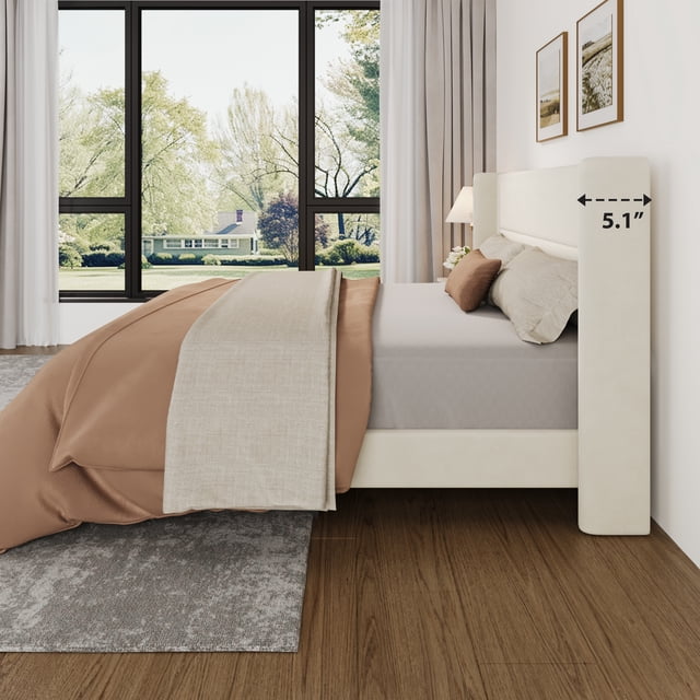 Soft Upholstered Platform Bed Frame with Wingback Headboard – Sturdy Wooden Slats, No Box Spring Needed, Noise-Free, Easy Assembly – King Size, Offwhite Flannel