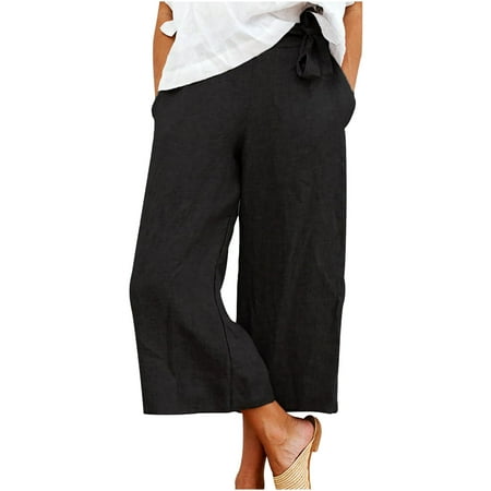

Ziloco Women s Pure Color Tie Cotton And Linen Loose Cropped Trousers Casual Pants pajama pants for women Black M