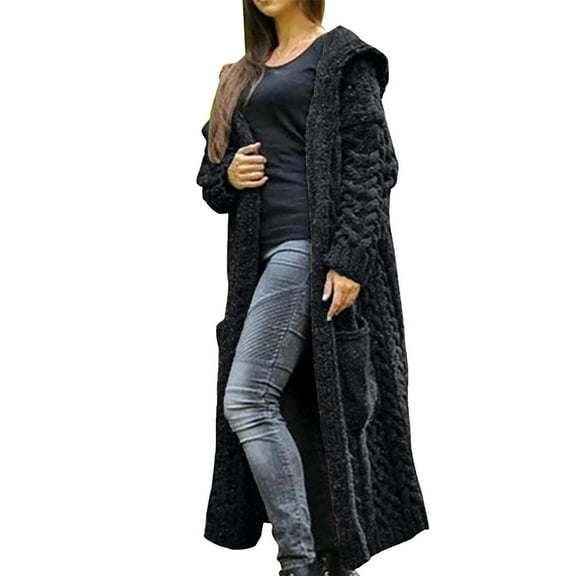 Christmas GiftsGATXVG Ankle Length Coats for Women Chunky Knit Sweater with Hood Long Sleeve Open Front Warm Long Cardigans with Pockets on Clearance
