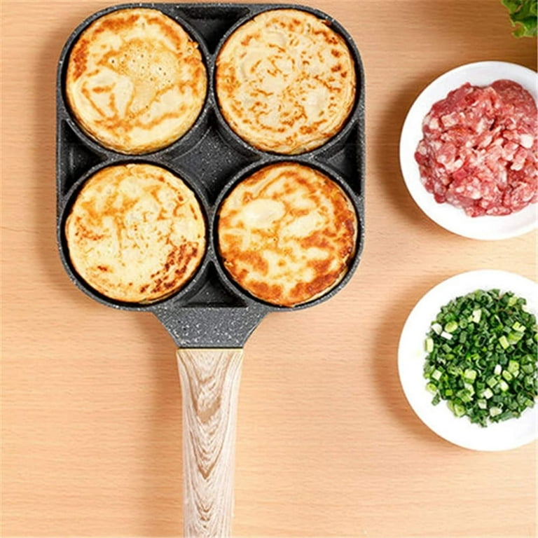 4-hole Non-stick Frying Pot Aluminum Omelet Pan For Burger Eggs Ham Pancake  Breakfast Maker Kitchen Cookware Wooden Handle Pan