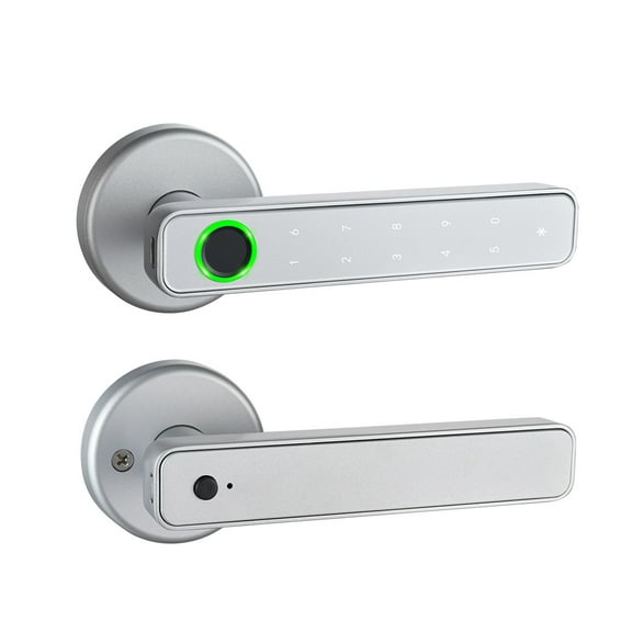 Smart Fingerprint Door Lock, Keyless Entry Knob Set With Keypad Code and Handle, Interior Security Kit for Home, Hotel, Apartment, Office Room - Silver（rotundity）