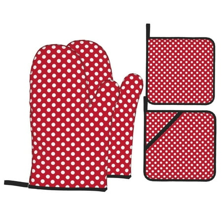 

Oven Mitts and Pot Holders Sets 4 pcs polka dots dark red Non-Slip Oven Gloves Potholders Soft Quilted Lining Heat Resistant Gloves Hot Pads for Kitchen Cooking Baking