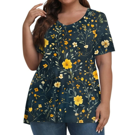 XADYUY Womens Plus Size Tops 4x-5x Summer Short Sleeve Tunic Tops Daisy Floral Print T-Shirt V Neck Tunic Shirts Loose Fit Casual Tunics Blouses,XL Black