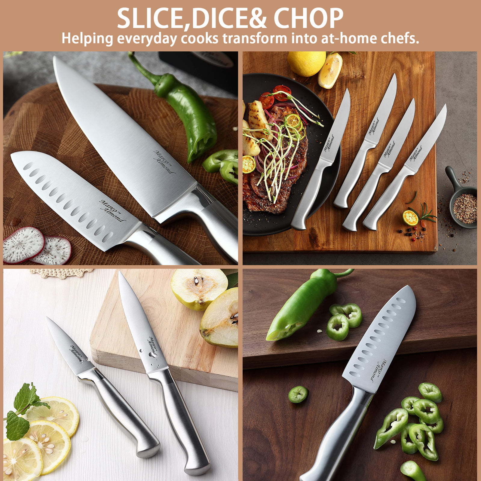 Marco Almond® KYA24 Knife Block Set, 14 Piece Kitchen Stainless Steel Knife  Set with Built-in Knife Sharpener, 6PCS Steak Knives Kitchen Scissor Chef
