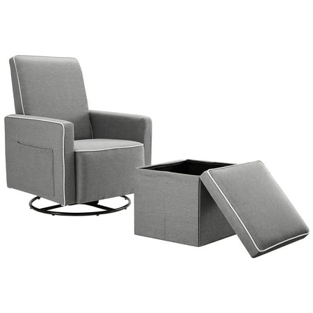 Angel Line Sophia Upholstered Swivel Glider w/ Storage Ottoman, Grey