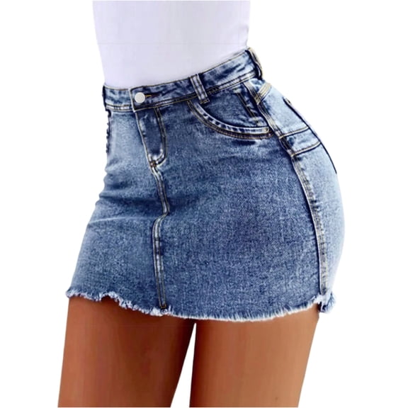 LWavelet Distressed Raw Hem Denim Mini Skirt Women Trendy Fall Casual Slim-Fit Edgy Bottoms Light Blue S