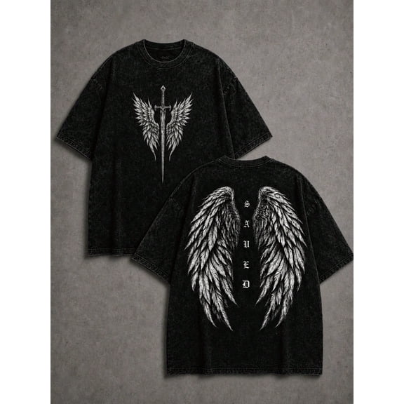 Winged And Wings Vintage Oversized Washed High Street Grunge Y2K Short Sleeve Crewneck Cotton Unisex Men's Women's Tee Shirt