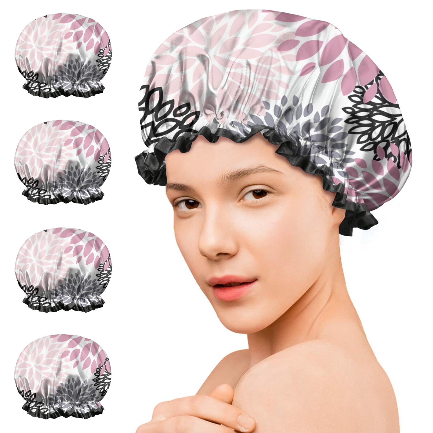 Shower Caps,Pink Floral and Petal Pattern Waterproof Shower Cap for Women 4 Pieces,Double Reusable Hair Cover for Shower PEVA Elastic Stretch Hem