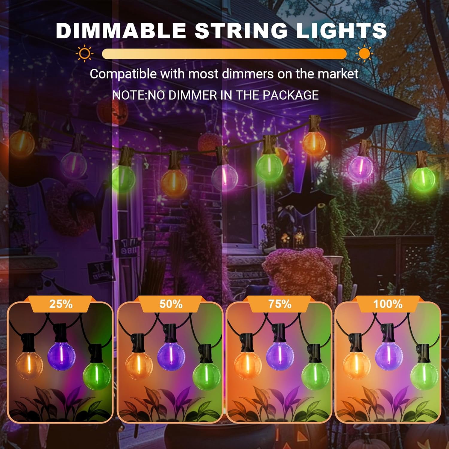 Globe Outdoor Halloween String Lights, 26FT Patio Lights with 12+1Edison Shatterproof Bulbs(1Spare), connectable Dimmable for Backyard Porch Decor,Orange Green Purple