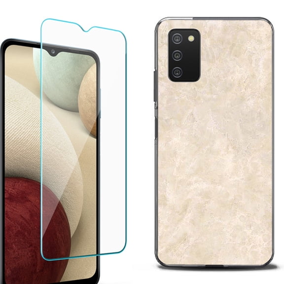 Slim-Fit Protective Fashion Phone Case (Black) for Samsung Galaxy A03s, with Tempered Glass Screen Protector, by OneToughShield ® - Marble / Latte