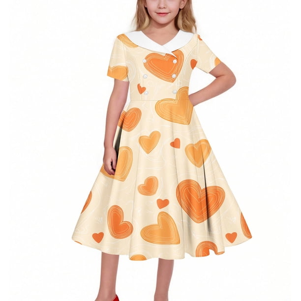 Vestido de manga corta con cuello vuelto para niñas Vestido elástico de manga corta para niñas Vestido skater con volantes de corte A Vestido de recital escolar Vestido de manga corta con cuello vuelt