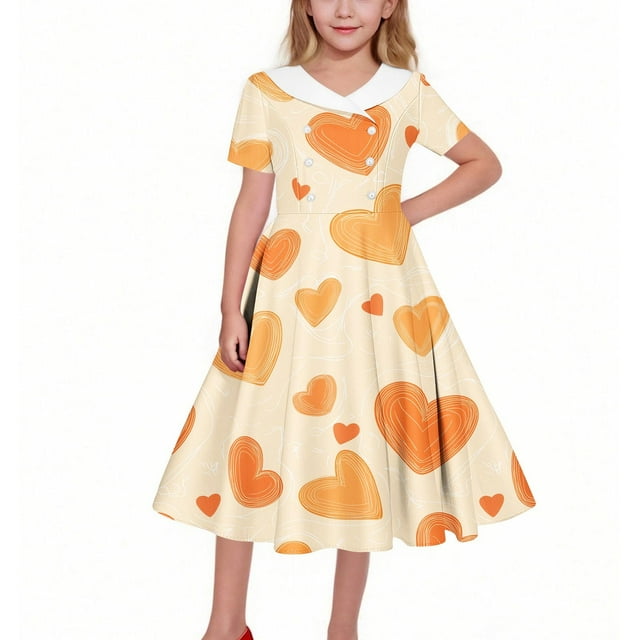 EGNMCR Robe à Manches Courtes à Col Rabattu Filles Robe Extensible à Manches Courtes Robe Trapèze Tournoyante Patineuse Récital d'École Robe à Manches Courtes à Col Rabattu Fille Robe en Polyester
