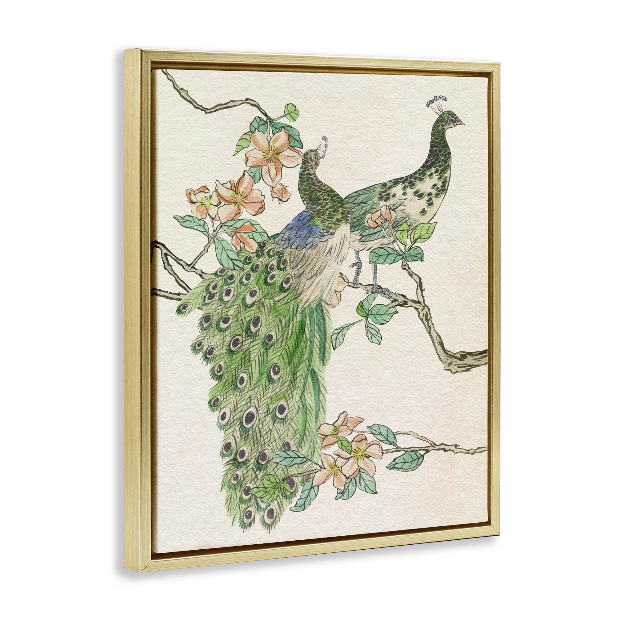 Stupell Industries Peacock Pair on Branch Animals & Insects Painting Gold Floater Framed Canvas Art Print Wall Art, 25 x 31