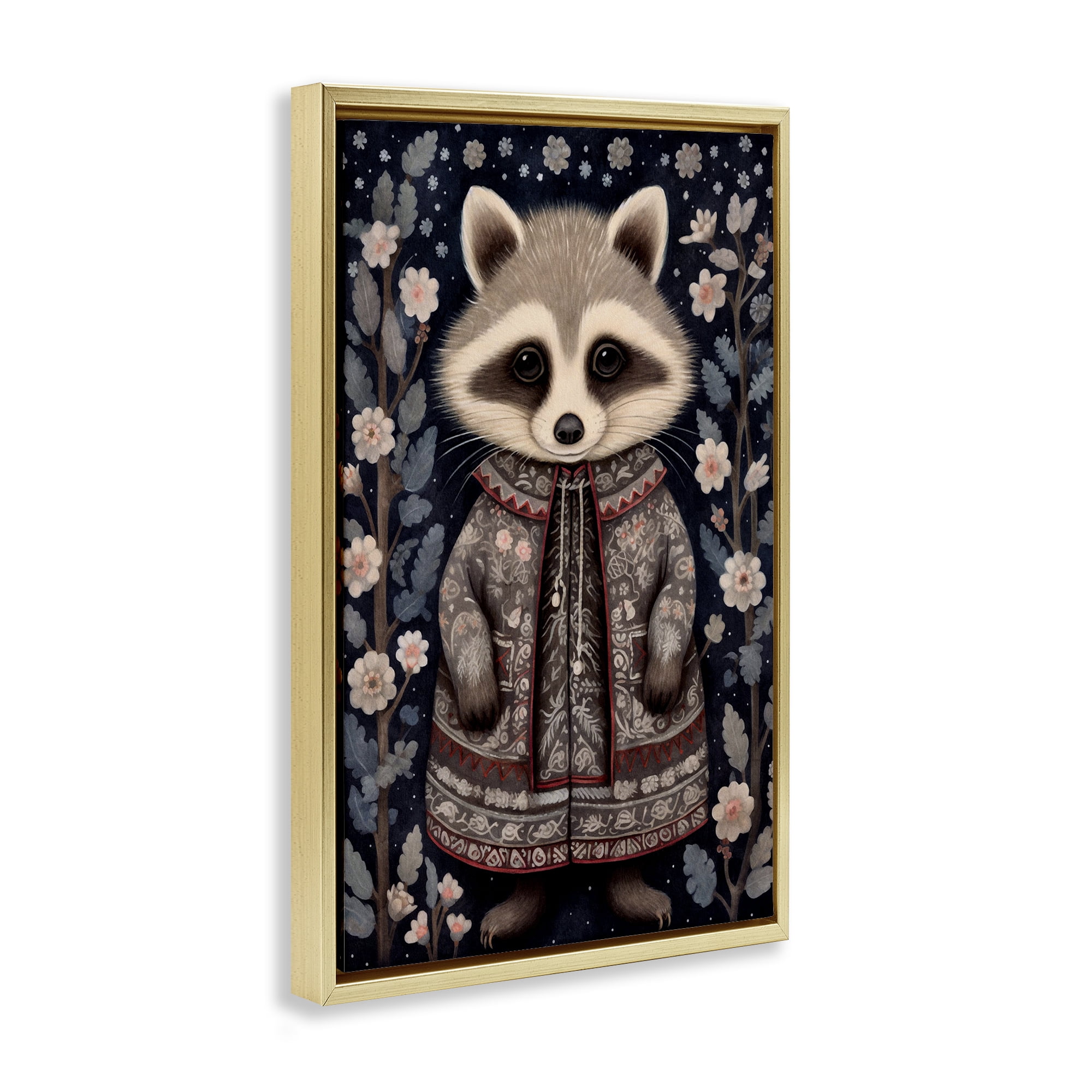 Stupell Industries Woodland Pattern Raccoon Animals & Insects Painting Gold Floater Framed Art Print Wall Art, 21 x 31