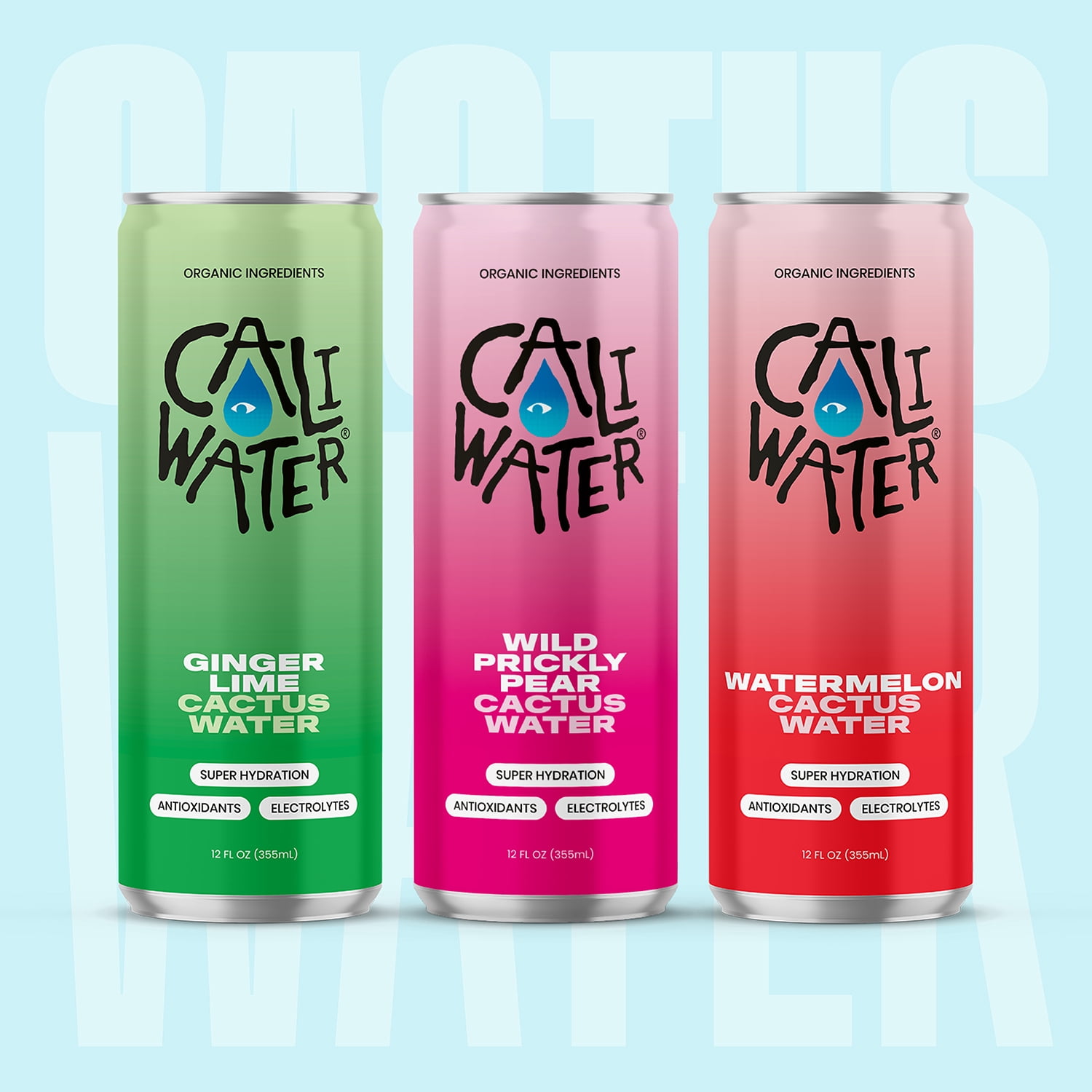 Caliwater Organic Cactus Water Variety Pack Wild Prickly Pear, Ginger Lime, Watermelon, Coconut Water Alternative, Natural Plant Based Hydration, Skin Care, Electrolyte Drinks, 12-Pack 12oz/can