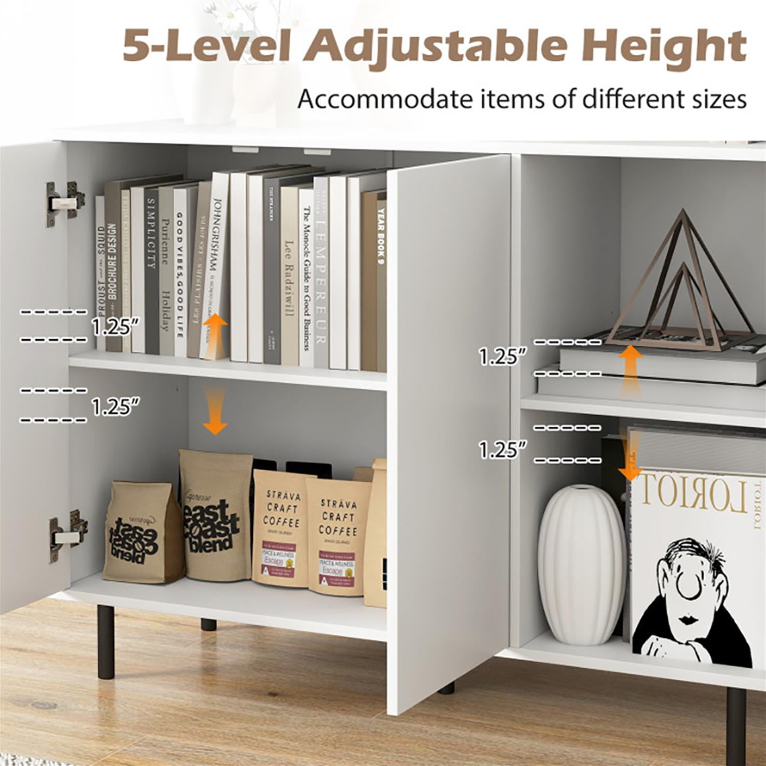 Demi Bonn 42" Sideboard Buffet Cabinet with Adjustable Shelves, Kitchen Storage Cabinet, Wood Coffee Bar Buffet Table for Kitchen Dining Room, White