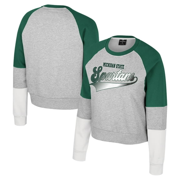 Girls Youth Colosseum Heather Gray Michigan State Spartans Katinka Rhinestone Pullover Sweatshirt