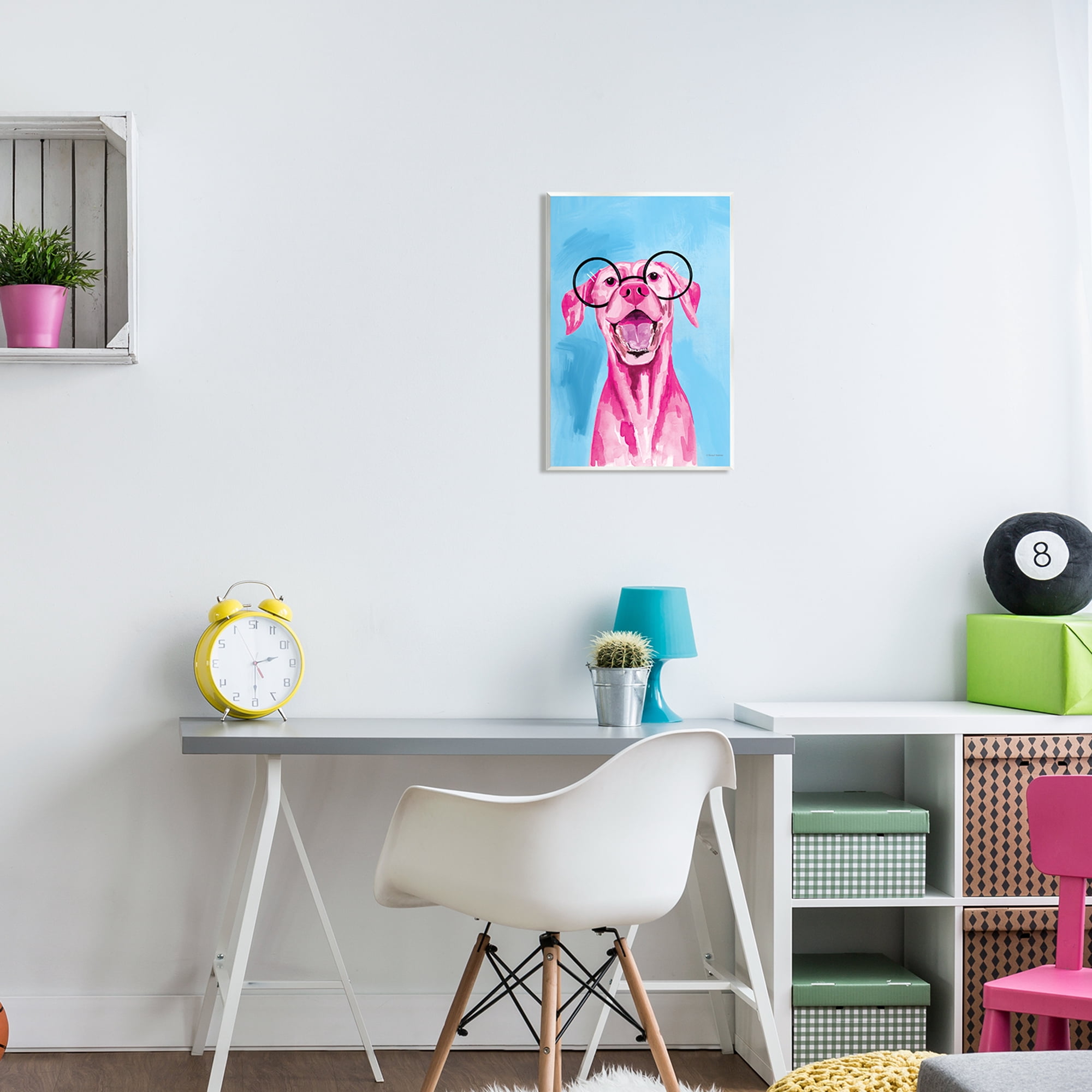 Stupell Industries Pink & Blue Happy Dog Animals & Insects Painting Unframed Art Print Wall Art, 13 x 19