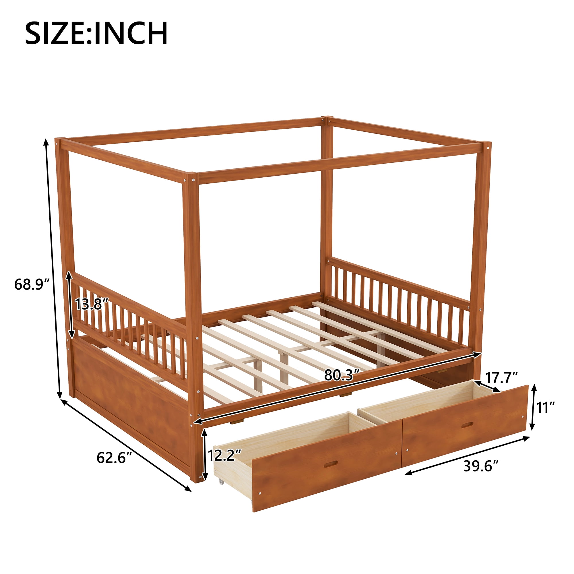 Queen Size Canopy Bed with 2 Storage Drawers