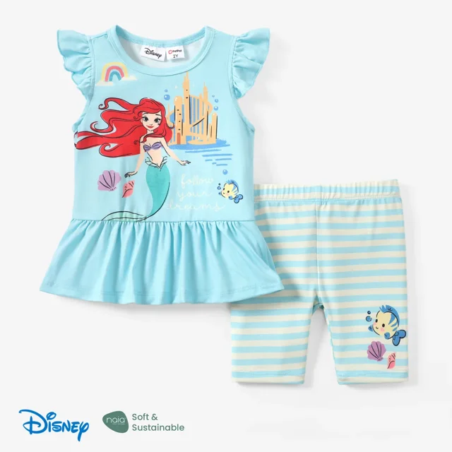 Disney Princess Girls Ruffled Graphic Tee Stripped Leggings Shorts 2 Pieces Summer Outfits Set Sizes 2-6
