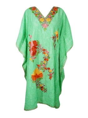Mogul Women Mint Green Short Kaftan Dress Kimono Resort Wear Floral Embroidered Tunic Caftan 3XL