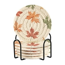Yayeee 6 PCS Drink Coasters with Holder Set Woven Absorbent Round Tabletop Hot Pad, Brown Autumn Leaves