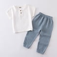 thumbnail image 2 of UngA Toddler Baby Boy 2 Piece Spring Outfit Cotton Linen Casual Henley T-Shirt Pants Set Kids Summer Short Sleeve Tops Plain Clothes (Sky Blue,18-24 Months), 2 of 6