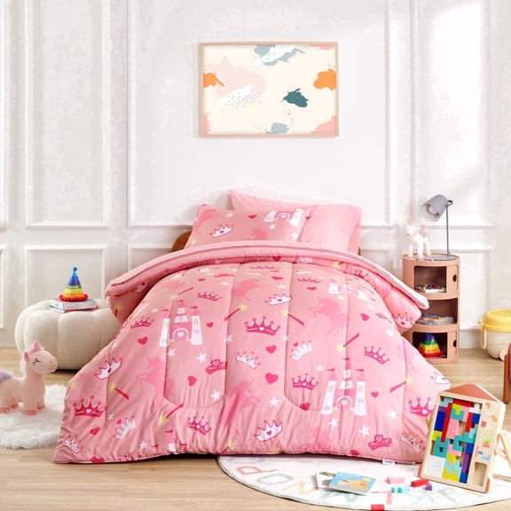 Sonive Full/Queen Kids Comforter Set, 7 Pieces Super Soft and Fluffy Princess Bedding Set, Castle Party