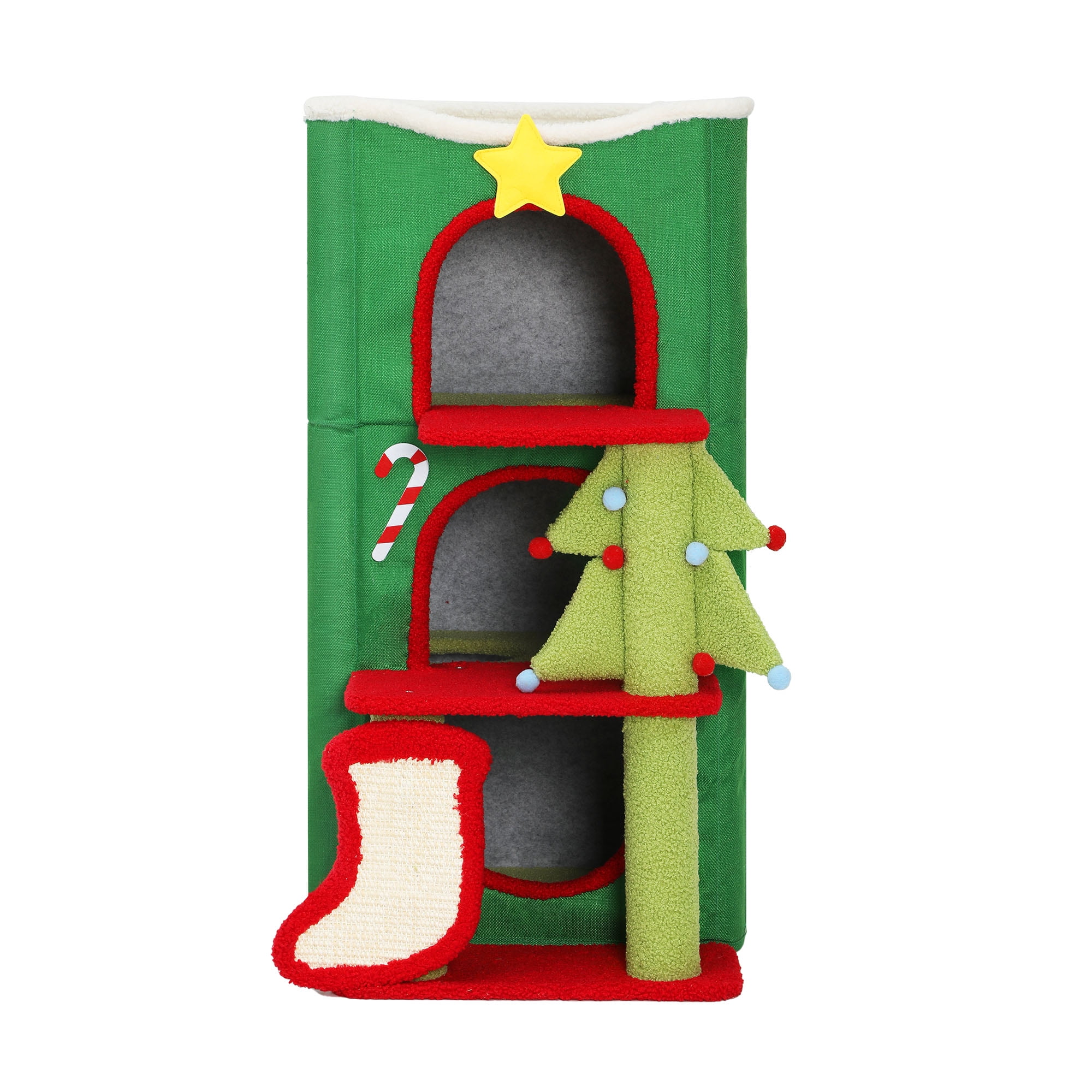 Uforic 3-Level Christmas Cat House, Indoor Cat Play House with Scratching Posts & Hideaway Cave& Hanging Plush Balls, Green
