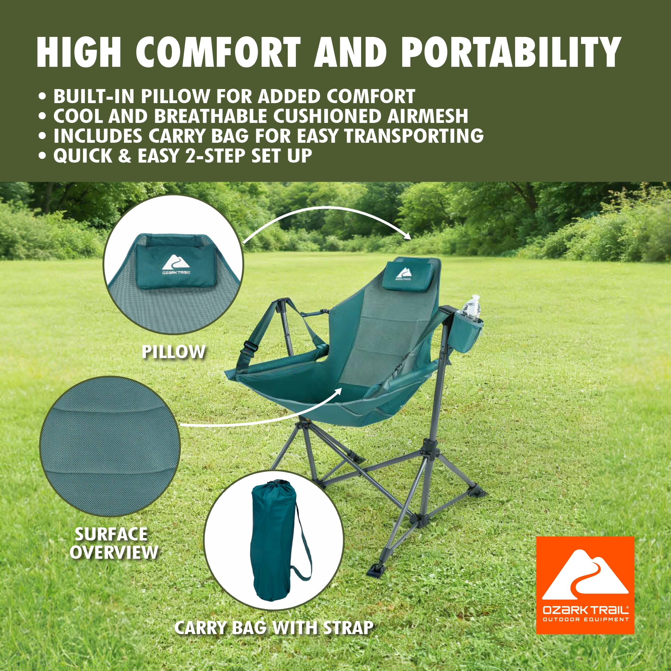 Ozark Trail Swing Hammock Chair, Green, Portable