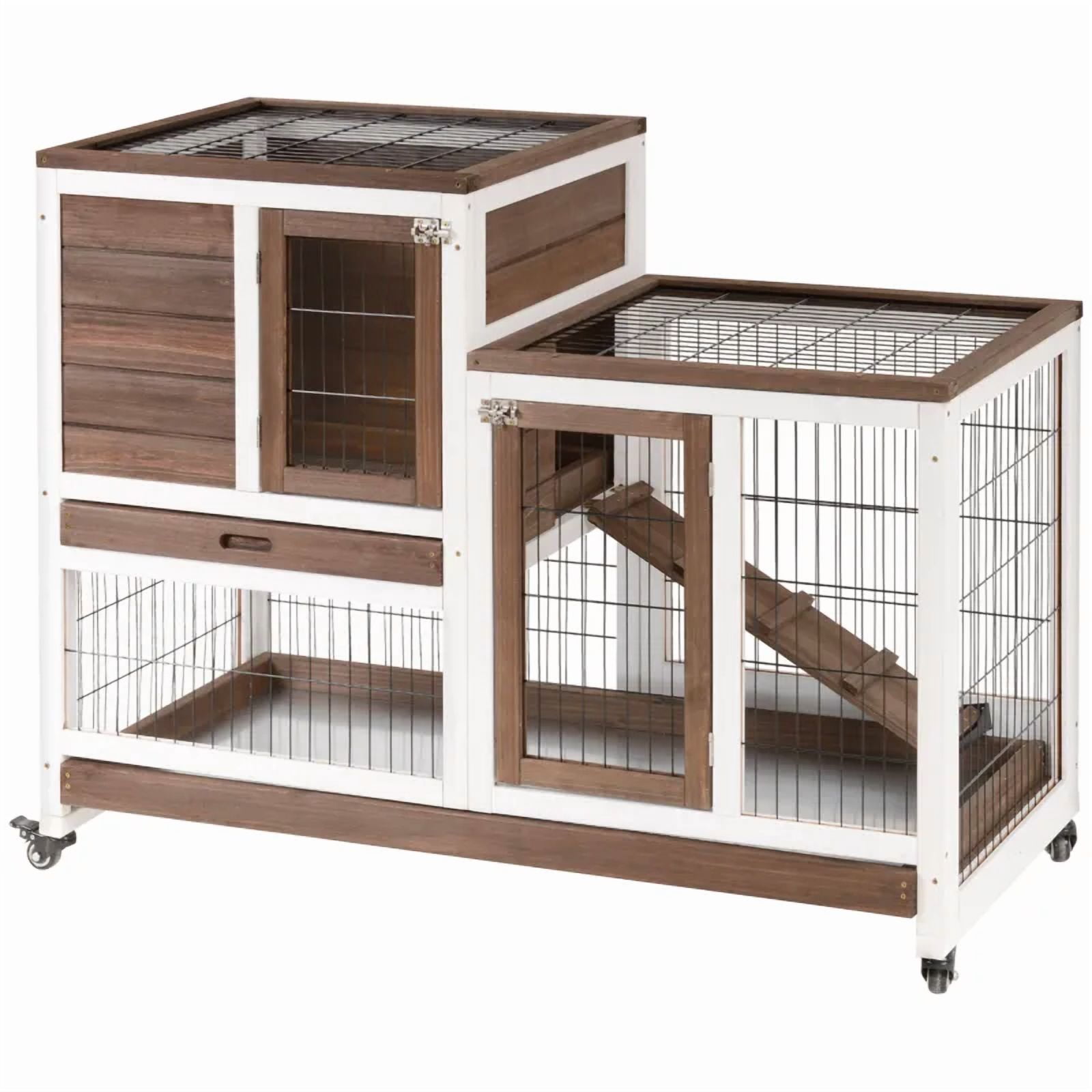 Fir Wood Rabbit Hutch with Wheels - 2 Story Bunny Cage w/Ramp & Removable Trays - Large Indoor/Outdoor Pet House - Brown 110x50x86cm