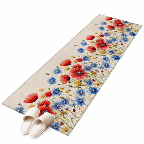 Red Flower Runner Rug 2x6 FT, Non Slip Hallway Carpet, Blue Garden Blossom Floral Independence Day Washable Soft Floor Carpet Throw Runner Carpet Long Rug for Entryway Kitchen Bedside Sliding Door