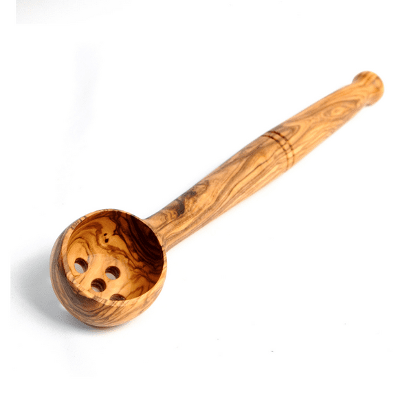 BeldiNest Handcrafted Olive Wood Strainer – 8-Inch Wooden Skimmer with 1.25-Inch Bowl and 0.25-Inch Holes – Rustic Kitchen Tool for Small Batch Straining, Skimming, and Scooping