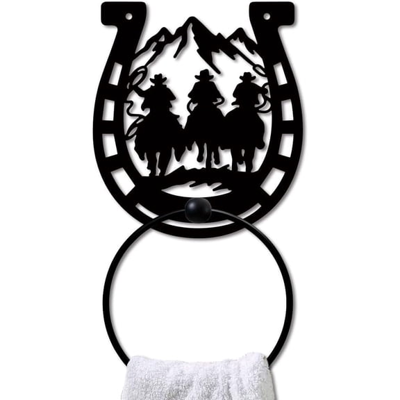 Horseshoe Cowboy Metal Towel Ring Horse Towel Ring Black Art Towel Rack Wall Mounted Mountain Horseshoe Hand Towel Holder for Bathroom Kitchen Towel Hanger Home Decors Gift