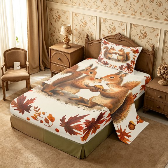 Erosebridal Cut Squirrel Twin Sheets 3pcs,Fall Leaves Bedding,Cream,1 Flat Sheet, 1 Fitted Sheet and 1 Pillowcase