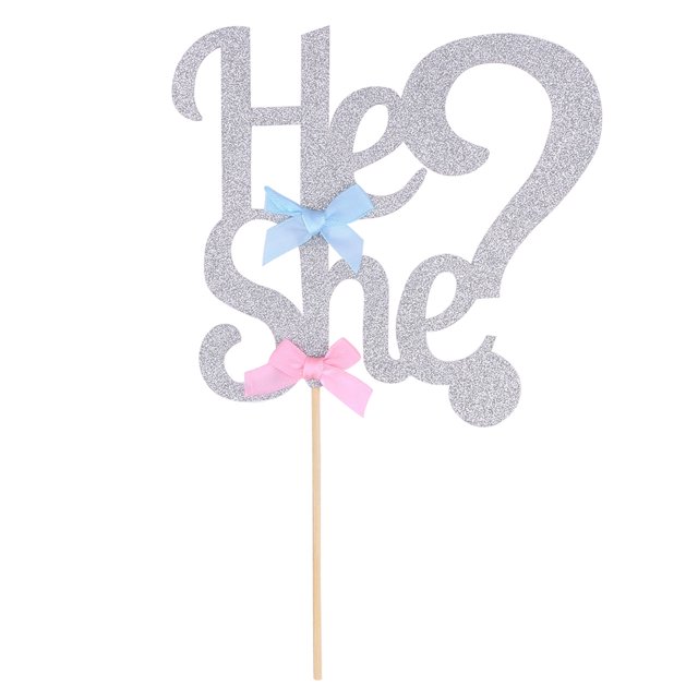 2pcs Birthday Cake Topper Beautiful He Or She Bow Decor Cake Insert for Birthday Gathering Party (Silver)