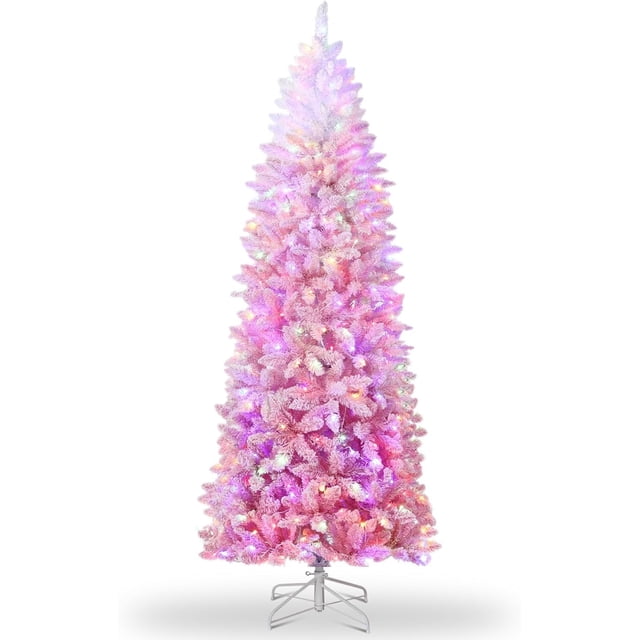 Bingirl 6ft Pink Prelit Artificial Snow Flocked Pencil Christmas Tree for Holiday Decorations with Foldable Base