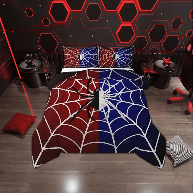 Erosebridal Gothic Spider Bedding Comforter Set, Spider Web Print Down Comforter, Halloween Room Decor, Red Blue, Reversible 2 Pieces