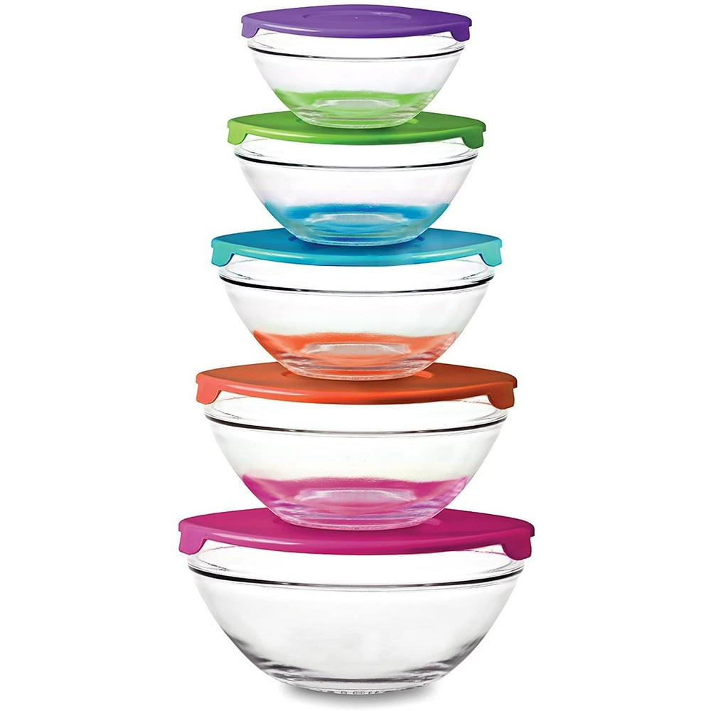 10 Piece Glass Bowl Set with Plastic Lids (Microwave, Freezer and ...