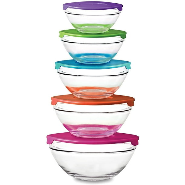 10 Piece Glass Bowl Set with Plastic Lids (Microwave, Freezer and