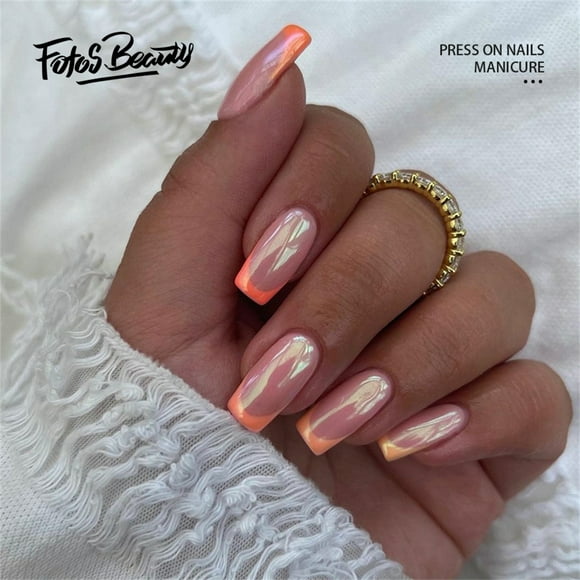 Fofosbeauty 24pcs Press on False Nails,Acrylic Nails for New Year Valentine's Gift,Coffin Burst Aurora orange French
