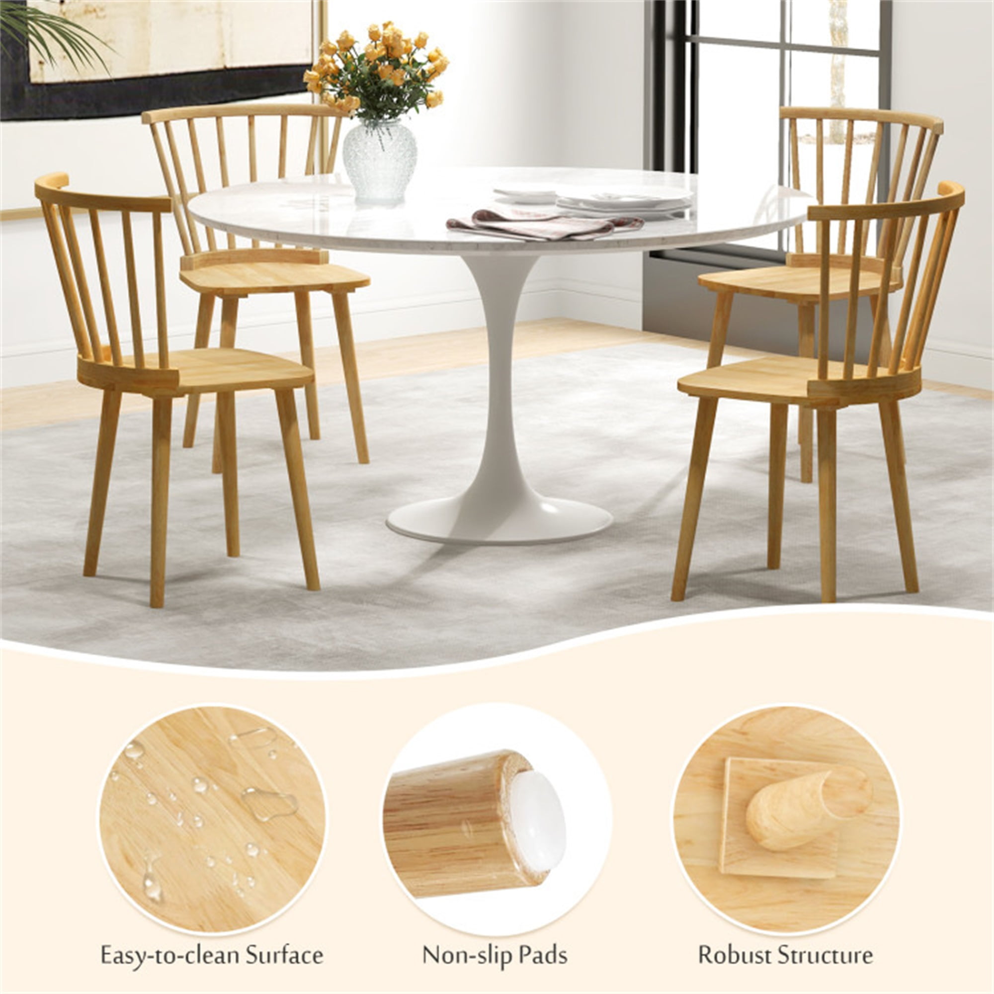 Demi Bonn Windsor Dining Chairs Set of 2 Rubber Wood Kitchen Chairs with Spindle Back, Beige