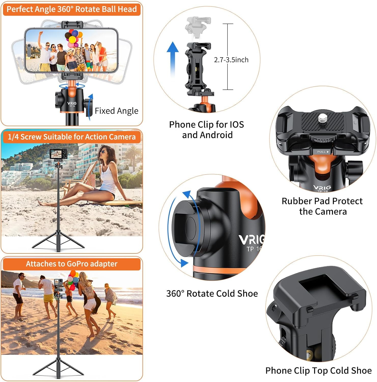 NEOYFC  55" Selfie Stick Tripod with Hidden Phone Holder, TP-16 Extendable Camera Stand with 360° Ball Head & Rotatable Cold Shoe, for iPhone, Mirrorless Camera, Action Cameras
