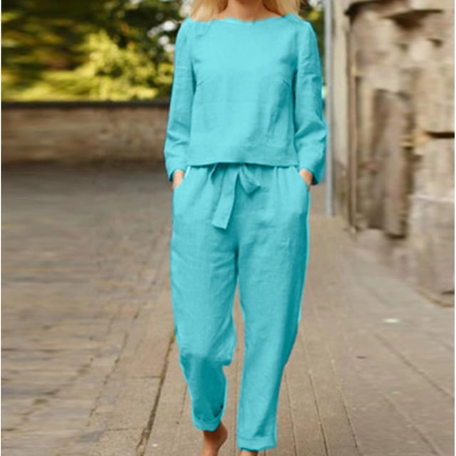 TIMIFIS Vert Femmes Automne Coton Lin Ensemble 2 Pcs Col Ras du Cou Manches Longues Chemises Ensemble Pantalons Longs Complets pour Femmes avec Poches - Printemps/été