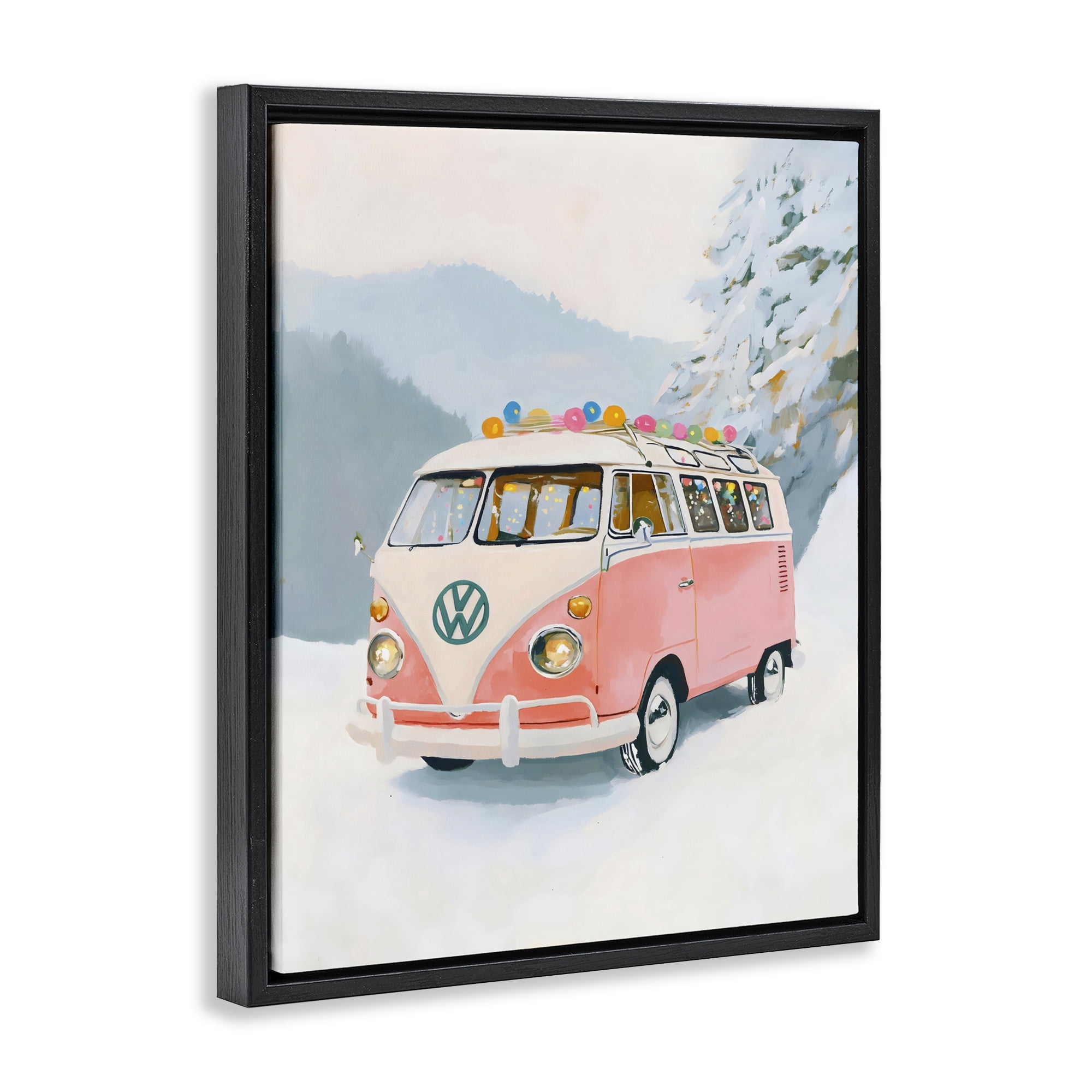 Stupell Industries Pink Christmas Van in Snow Black Framed Floater Canvas Wall Art, design by The Prints Vibe